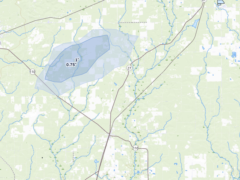 NEXRAD radar-signature map of the hail over Deridder, LA