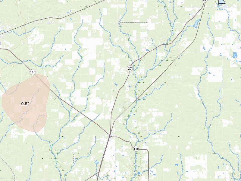 Radar-estimated hail-size map of the storm over Deridder, LA on Jul 5, 2026