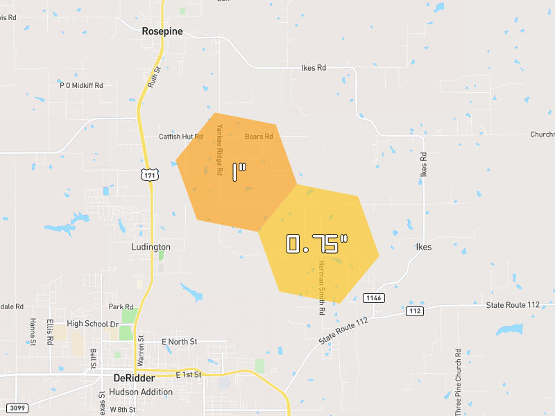 Hail map of Deridder, LA on Jul 6, 2026, hail up to 1"