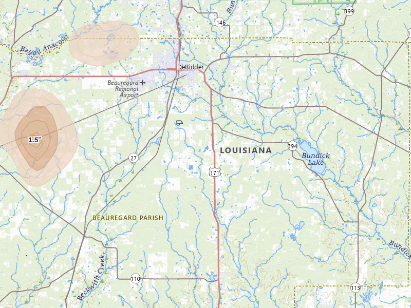 Radar-estimated hail-size map of the storm over Deridder, LA on Jul 7, 2026
