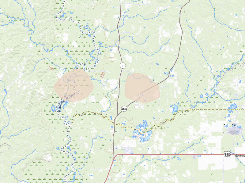 Radar-estimated hail-size map of the storm over Deridder, LA on Aug 7, 2026