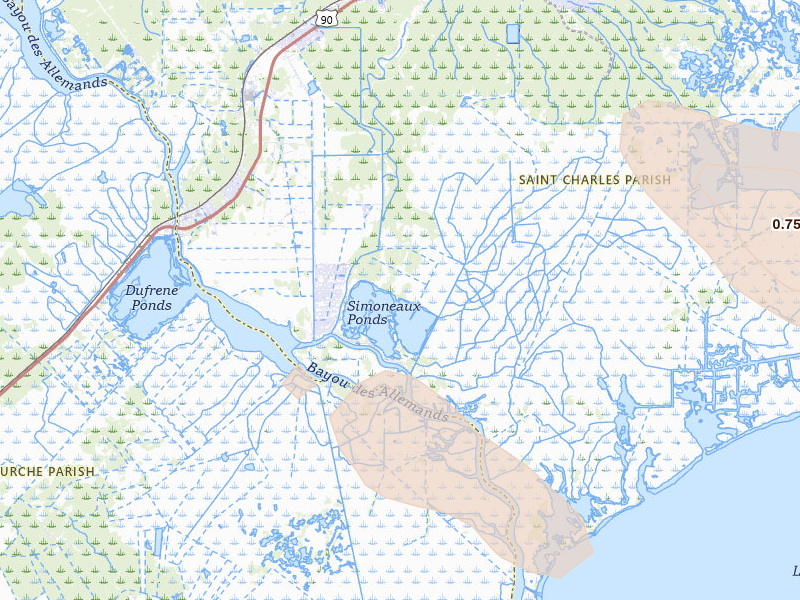 Radar-estimated hail-size map of the storm over Des Allemands, LA on Apr 30, 2026