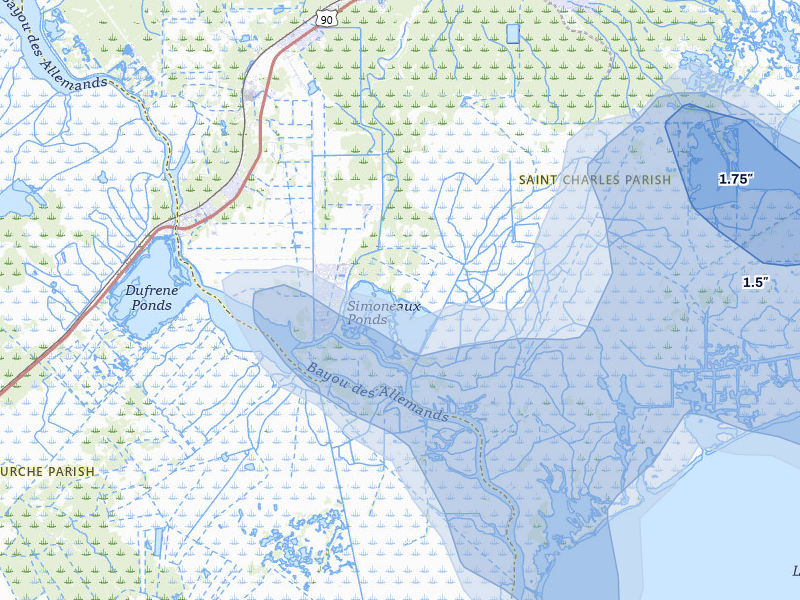 NEXRAD radar-signature map of the hail over Des Allemands, LA