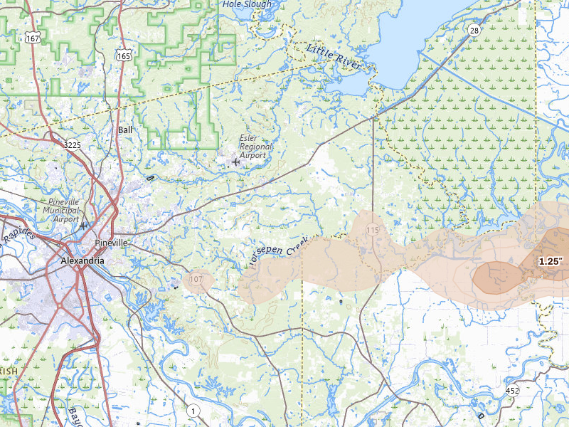 Radar-estimated hail-size map of the storm over Deville, LA on May 6, 2026