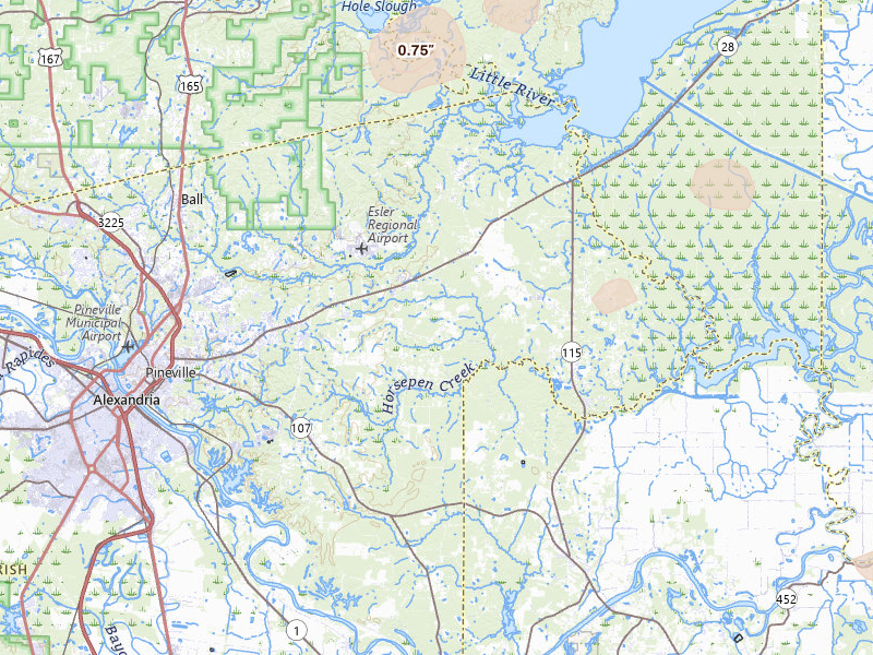 Radar-estimated hail-size map of the storm over Deville, LA on Jul 1, 2026
