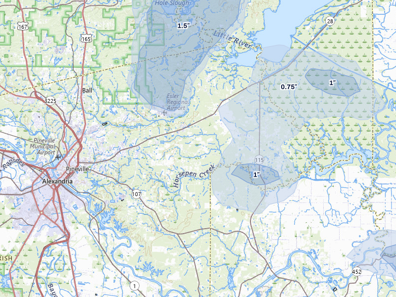NEXRAD radar-signature map of the hail storm over Deville, LA on Jul 1, 2026