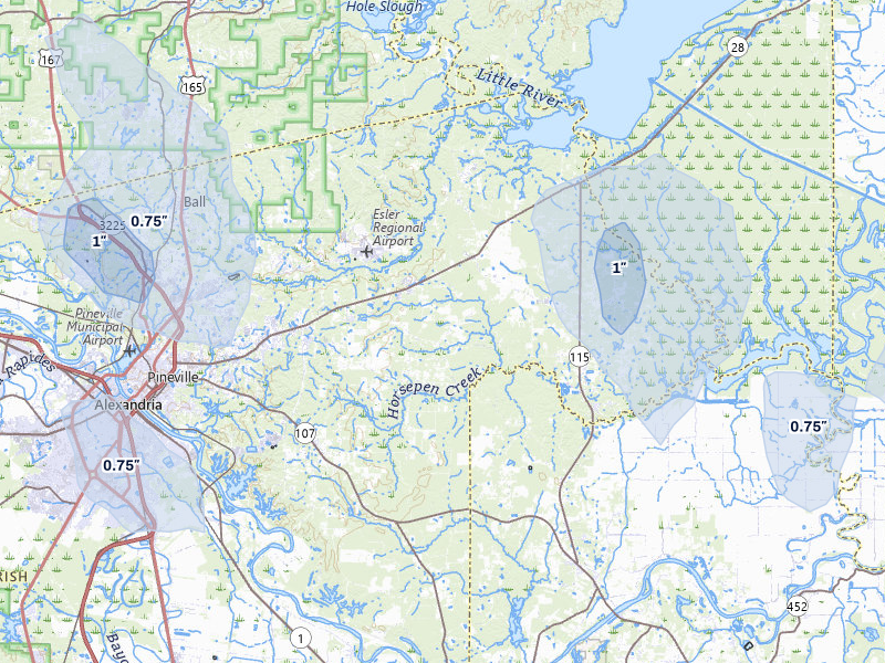 NEXRAD radar-signature map of the hail storm over Deville, LA on Jul 5, 2026