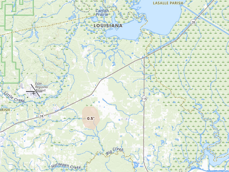Radar-estimated hail-size map of the storm over Deville, LA on Aug 8, 2026
