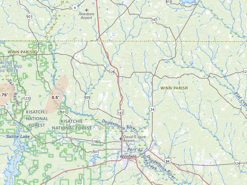 Radar-estimated hail-size map of the storm over Dodson, LA on Mar 7, 2026