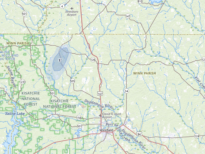 NEXRAD radar-signature map of the hail storm over Dodson, LA on Mar 7, 2026
