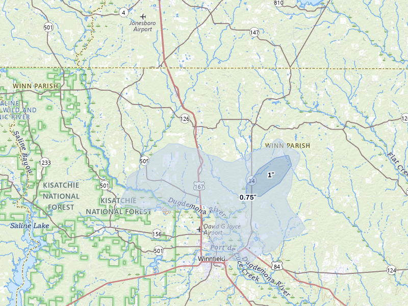 NEXRAD radar-signature map of the hail storm over Dodson, LA on Jun 2, 2026
