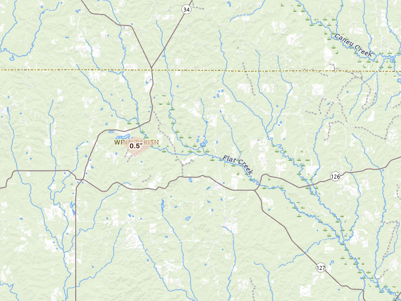 Radar-estimated hail-size map of the storm over Dodson, LA on Aug 6, 2026