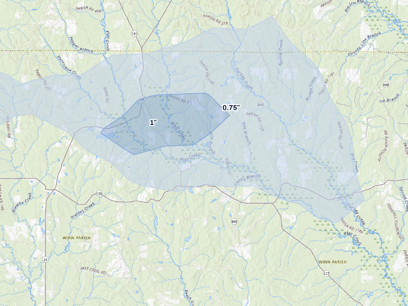 NEXRAD radar-signature map of the hail storm over Dodson, LA on Aug 6, 2026