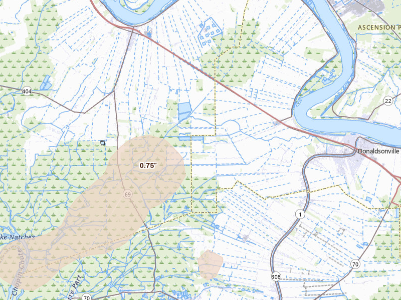 Radar-estimated hail-size map of the storm over Donaldsonville, LA on Aug 21, 2026