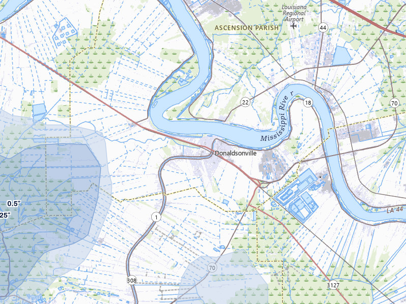 NEXRAD radar-signature map of the hail storm over Donaldsonville, LA on Aug 21, 2026