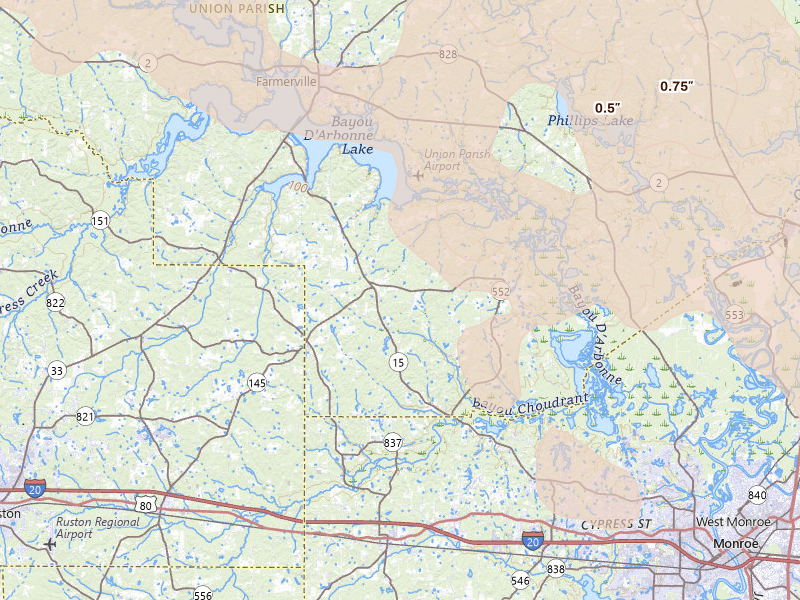 Radar-estimated hail-size map of the storm over Downsville, LA on Apr 25, 2026