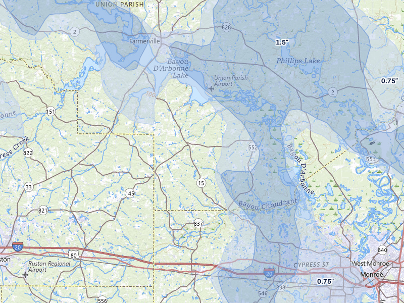 NEXRAD radar-signature map of the hail storm over Downsville, LA on Apr 25, 2026