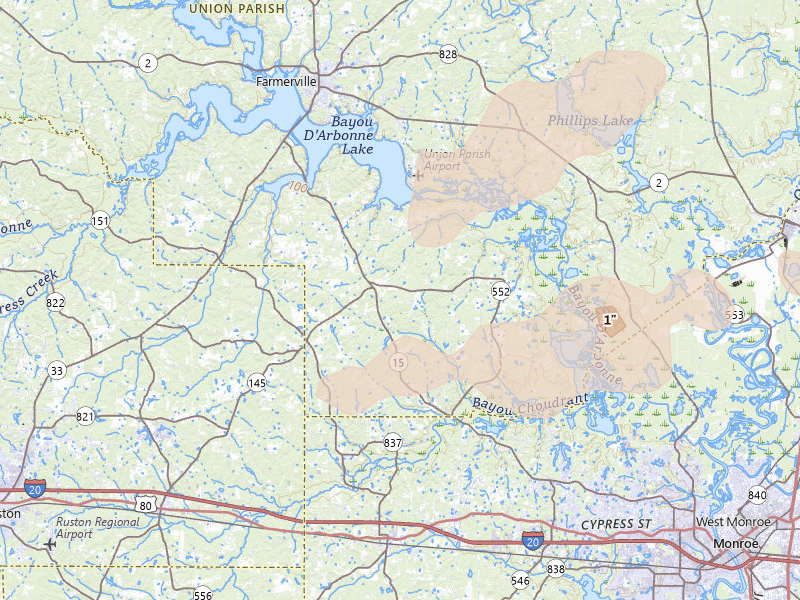 Radar-estimated hail-size map of the storm over Downsville, LA on Apr 28, 2026