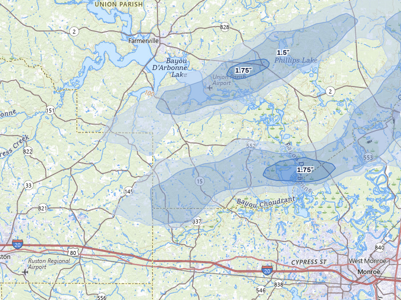 NEXRAD radar-signature map of the hail storm over Downsville, LA on Apr 28, 2026