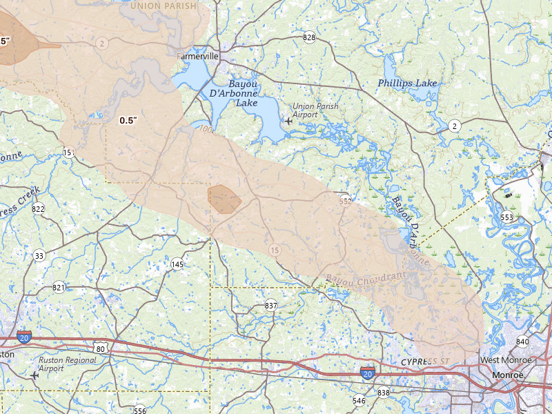 Radar-estimated hail-size map of the storm over Downsville, LA on Apr 29, 2026