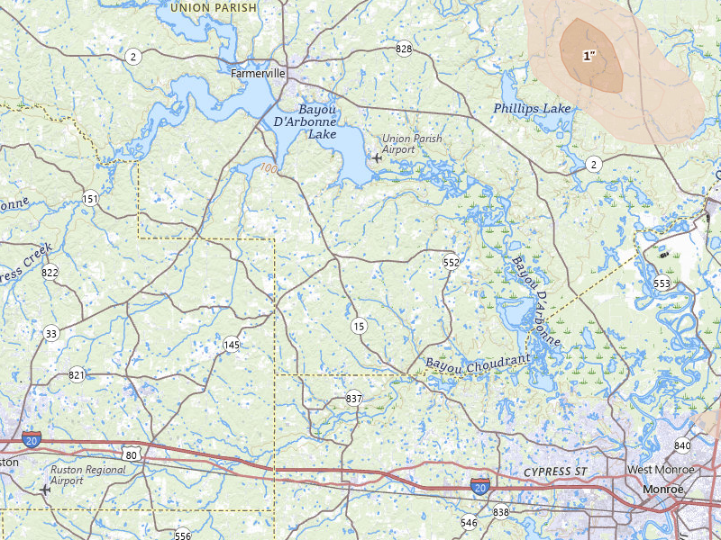 Radar-estimated hail-size map of the storm over Downsville, LA on May 10, 2026