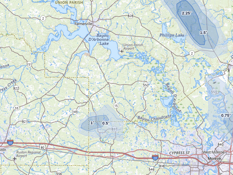 NEXRAD radar-signature map of the hail storm over Downsville, LA on May 10, 2026