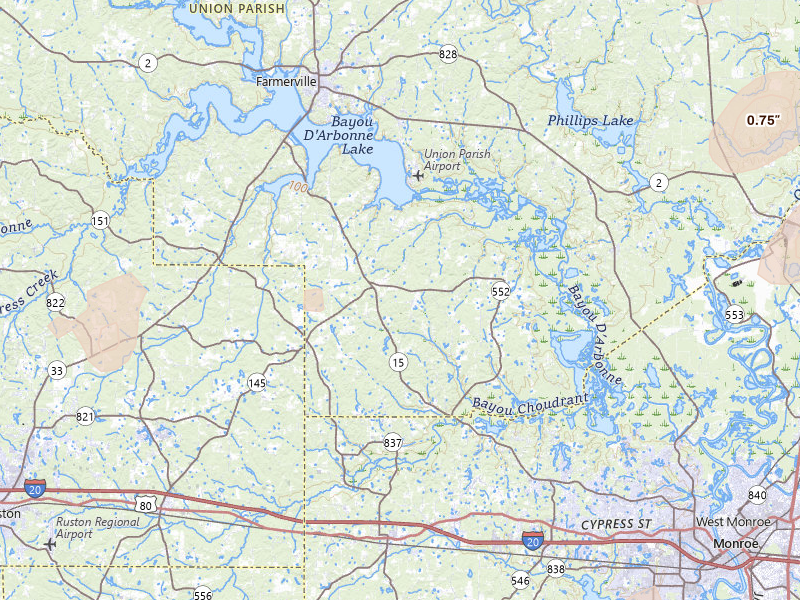 Radar-estimated hail-size map of the storm over Downsville, LA on May 22, 2026