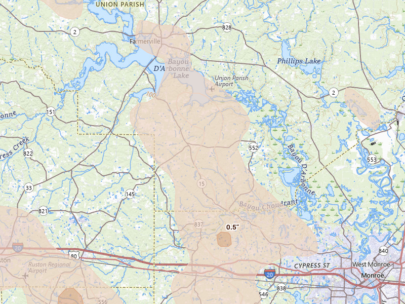 Radar-estimated hail-size map of the storm over Downsville, LA on Jun 22, 2026