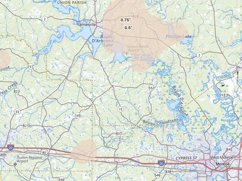 Radar-estimated hail-size map of the storm over Downsville, LA on Jul 4, 2026