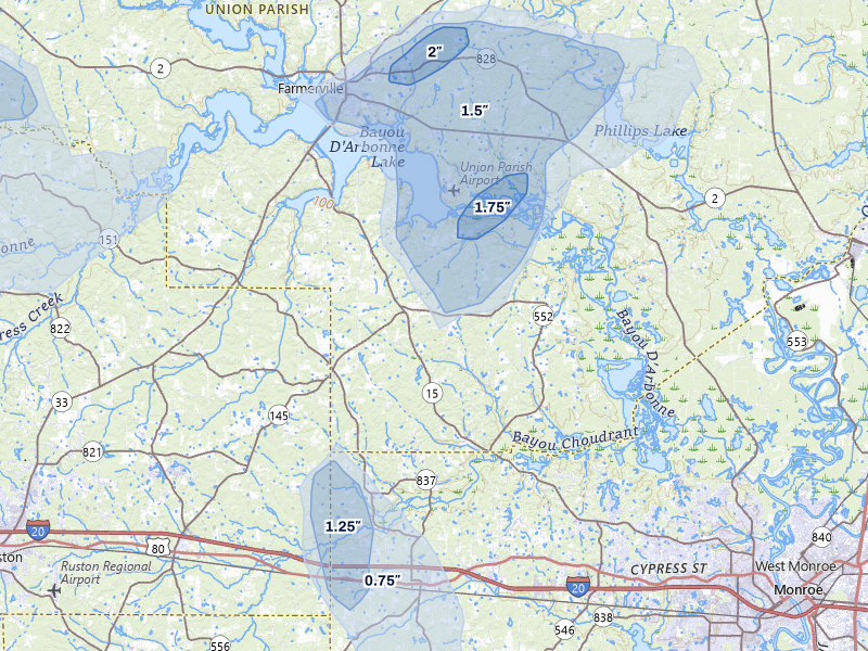 NEXRAD radar-signature map of the hail storm over Downsville, LA on Jul 4, 2026