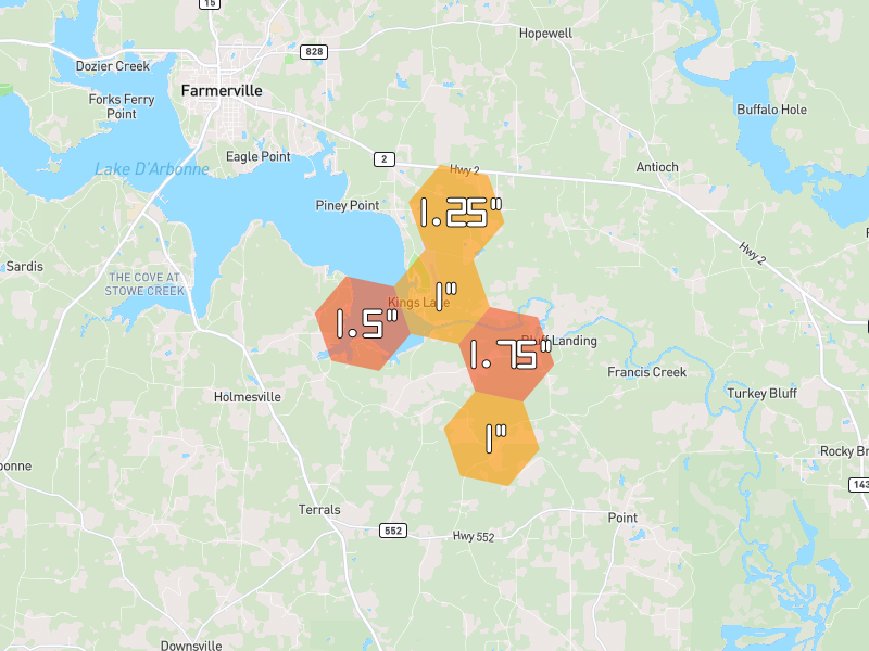 Hail map of Downsville, LA on Jul 4, 2026, hail up to 1.75"