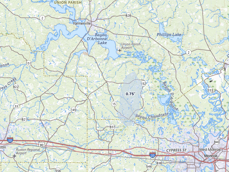 NEXRAD radar-signature map of the hail over Downsville, LA