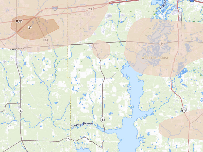 Radar-estimated hail-size map of the storm over Doyline, LA on May 8, 2026