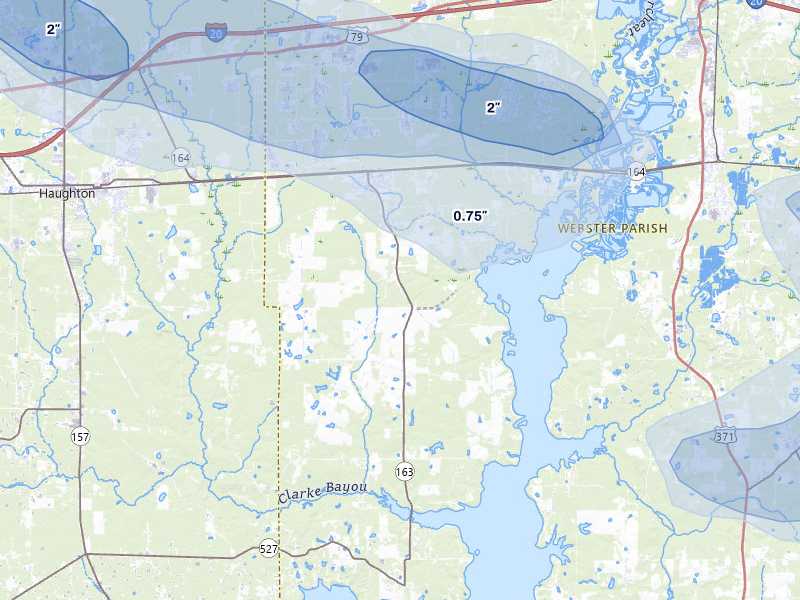 NEXRAD radar-signature map of the hail storm over Doyline, LA on May 8, 2026