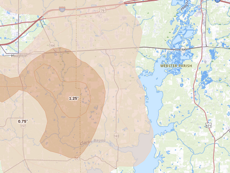 Radar-estimated hail-size map of the storm over Doyline, LA on Jun 22, 2026