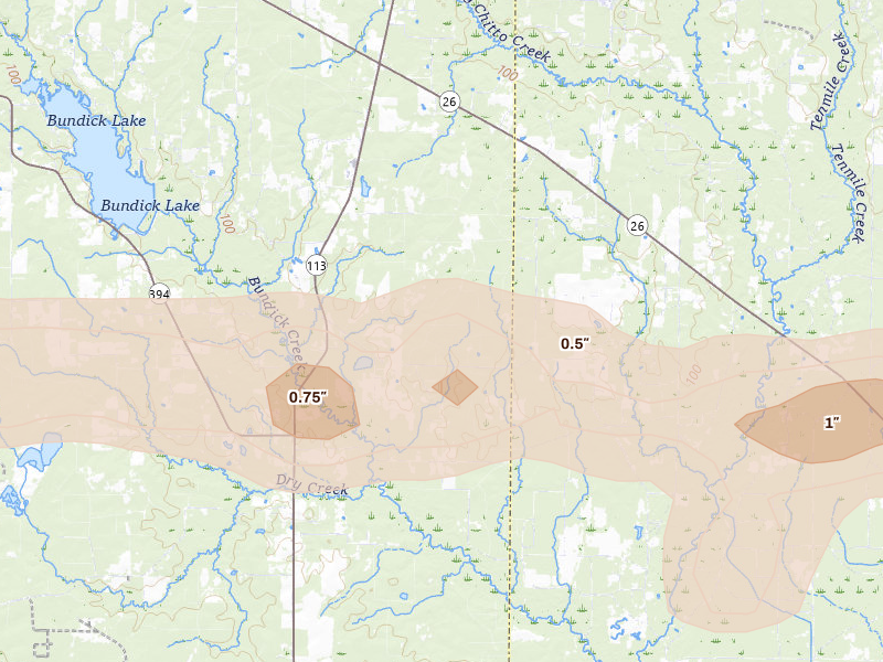 Radar-estimated hail-size map of the storm over Dry Creek, LA on May 8, 2026