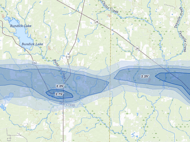 NEXRAD radar-signature map of the hail storm over Dry Creek, LA on May 8, 2026