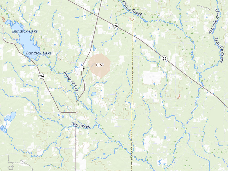 Radar-estimated hail-size map of the storm over Dry Creek, LA on Aug 8, 2026