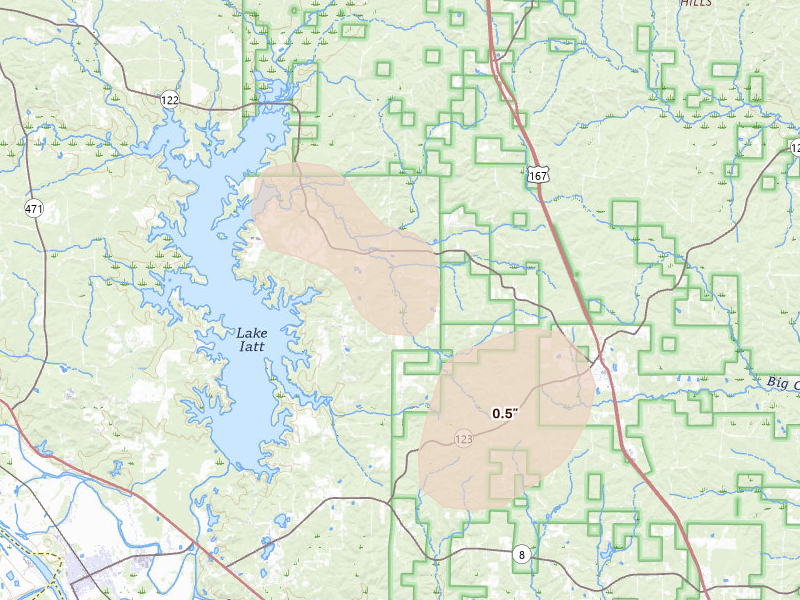 Radar-estimated hail-size map of the storm over Dry Prong, LA on Jul 1, 2026