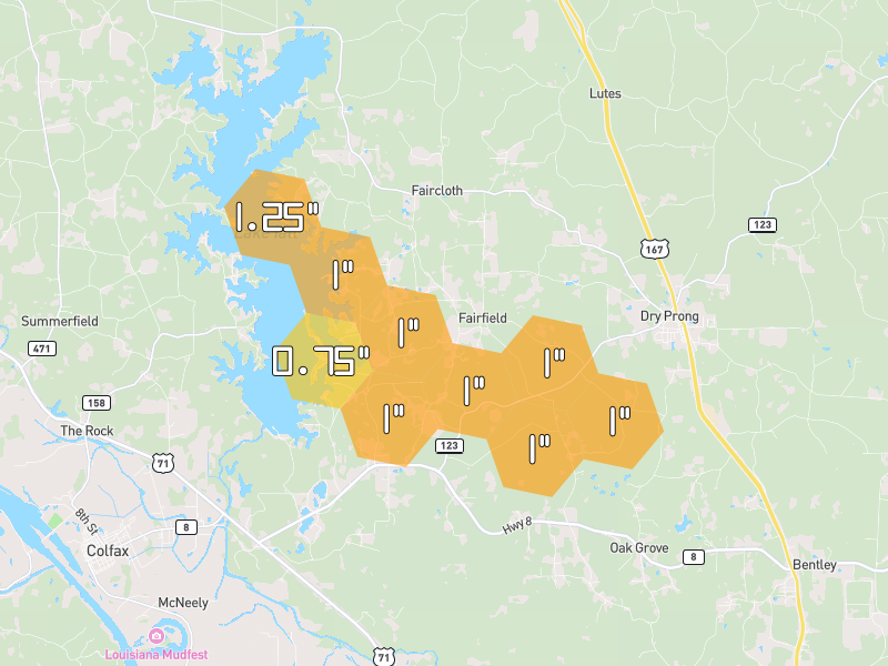 Hail map of Dry Prong, LA on Jul 1, 2026, hail up to 1.25"