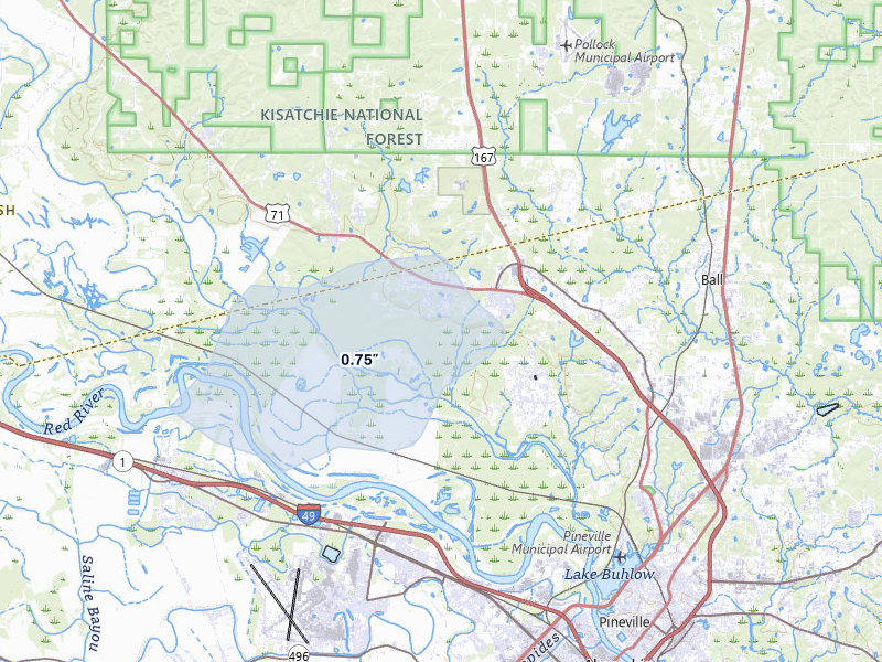 NEXRAD radar-signature map of the hail over Dry Prong, LA