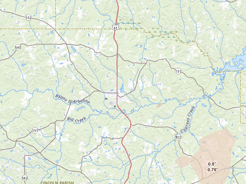 Radar-estimated hail-size map of the storm over Dubach, LA on May 22, 2026