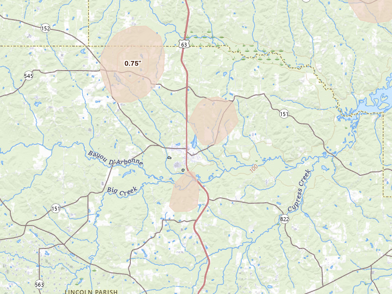 Radar-estimated hail-size map of the storm over Dubach, LA