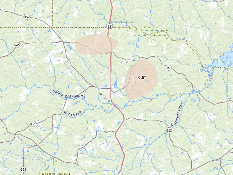 Radar-estimated hail-size map of the storm over Dubach, LA on Jul 4, 2026