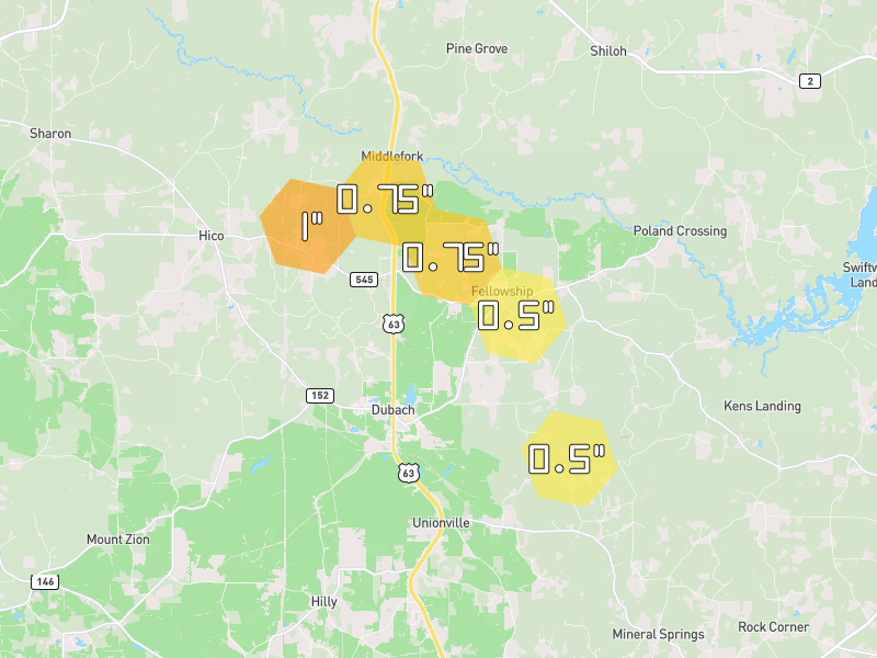 Hail map of Dubach, LA on Jul 4, 2026, hail up to 1"