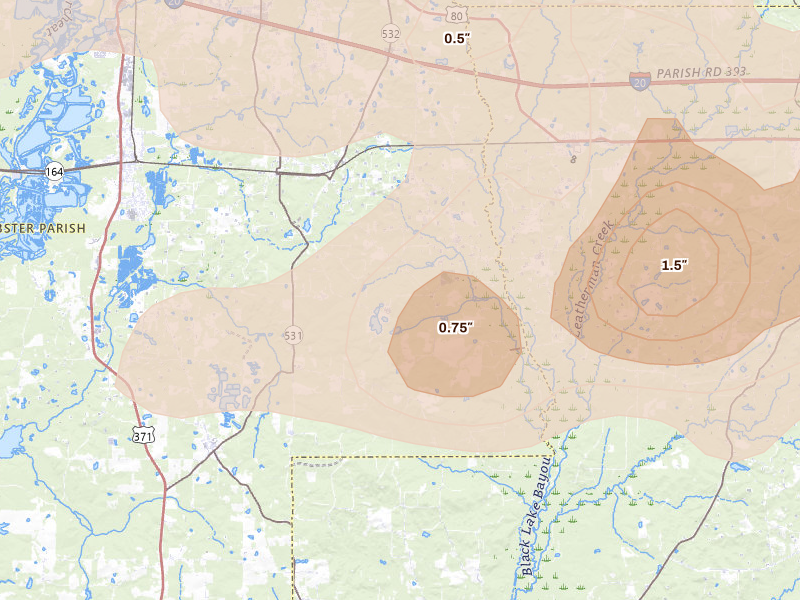 Radar-estimated hail-size map of the storm over Dubberly, LA on Mar 15, 2026