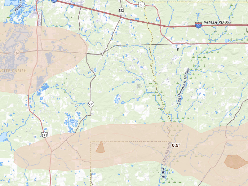Radar-estimated hail-size map of the storm over Dubberly, LA on May 8, 2026