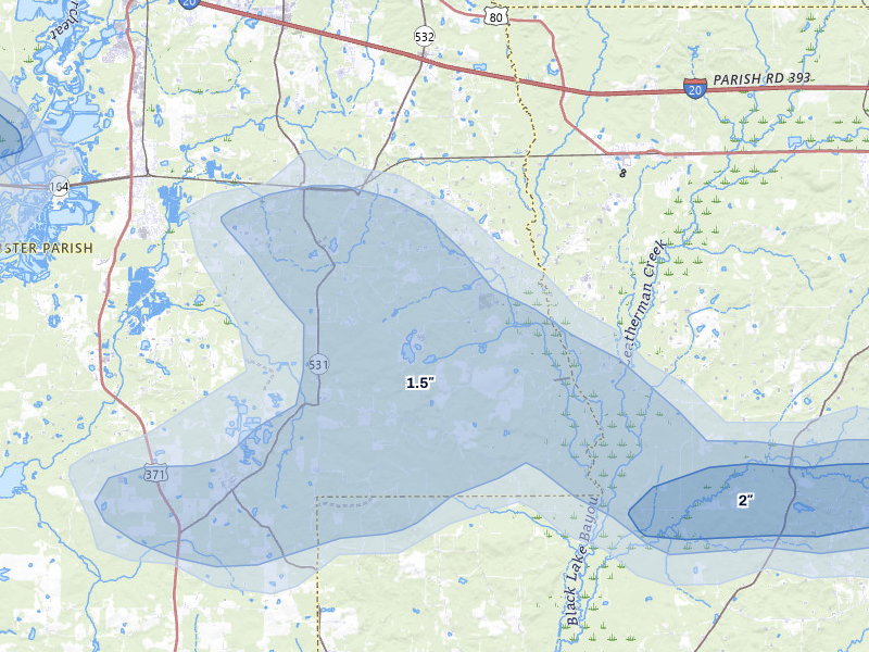 NEXRAD radar-signature map of the hail storm over Dubberly, LA on May 8, 2026