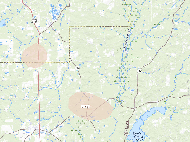 Radar-estimated hail-size map of the storm over Dubberly, LA on Aug 6, 2026