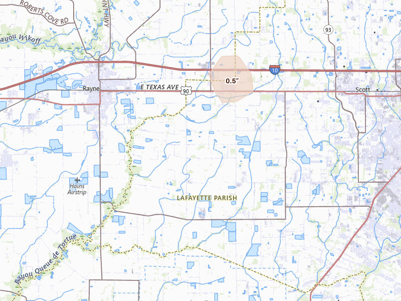 Radar-estimated hail-size map of the storm over Duson, LA on Jul 1, 2026